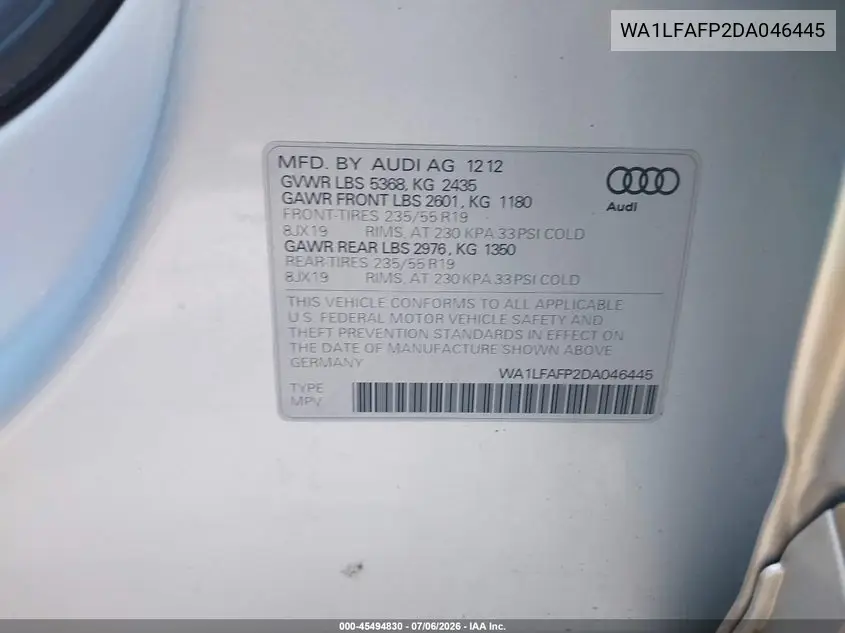 2013 Audi Q5 2.0T Premium VIN: WA1LFAFP2DA046445 Lot: 45494830