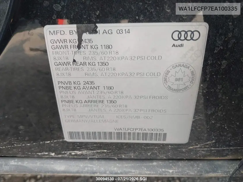 2014 Audi Q5 Premium Plus VIN: WA1LFCFP7EA100335 Lot: 30094530