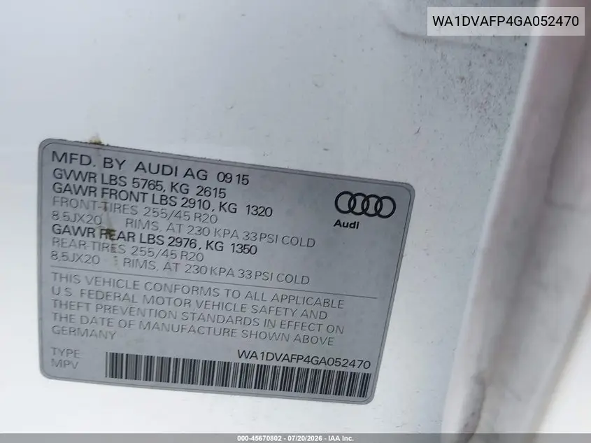 2016 Audi Q5 3.0 Tdi Premium Plus VIN: WA1DVAFP4GA052470 Lot: 45670802