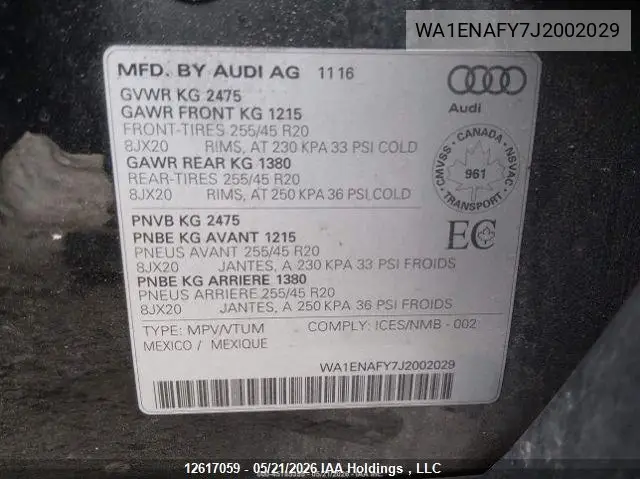 2018 Audi Q5 Progressiv S-Line VIN: WA1ENAFY7J2002029 Lot: 12617059