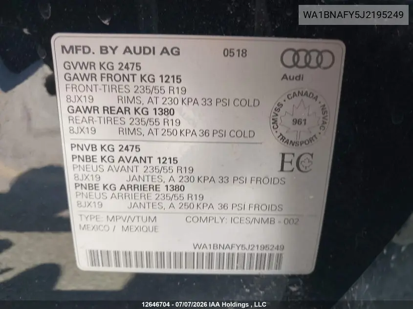 2018 Audi Q5 2.0T Progressiv VIN: WA1BNAFY5J2195249 Lot: 12646704