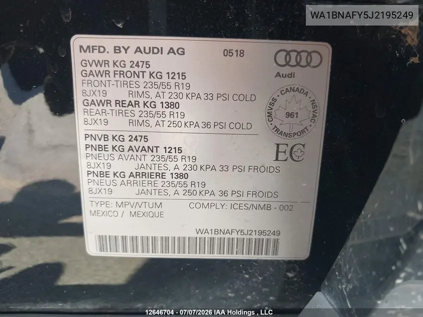 2018 Audi Q5 2.0T Progressiv VIN: WA1BNAFY5J2195249 Lot: 12646704