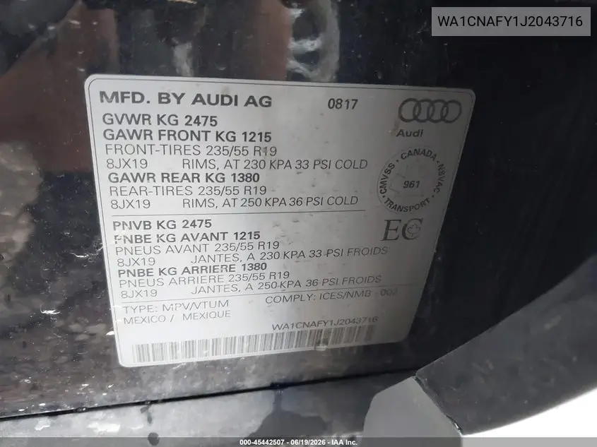 2018 Audi Q5 2.0T Premium/2.0T Tech Premium VIN: WA1CNAFY1J2043716 Lot: 45442507