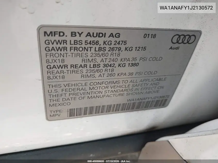 2018 Audi Q5 2.0T Premium/2.0T Tech Premium VIN: WA1ANAFY1J2130572 Lot: 45558608