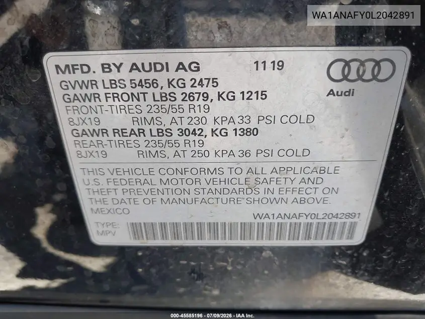 2020 Audi Q5 Premium 45 Tfsi Quattro S Tronic VIN: WA1ANAFY0L2042891 Lot: 45585196