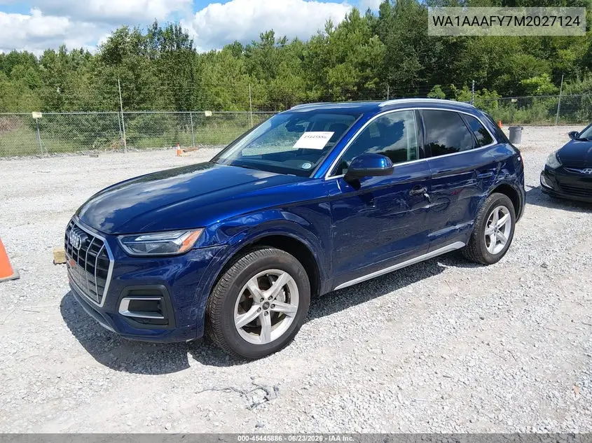 2021 Audi Q5 Premium 45 Tfsi Quattro S Tronic VIN: WA1AAAFY7M2027124 Lot: 45445886