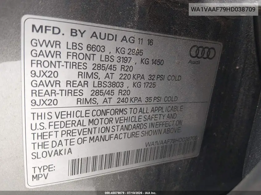 2017 Audi Q7 3.0T Premium VIN: WA1VAAF79HD038709 Lot: 45579879