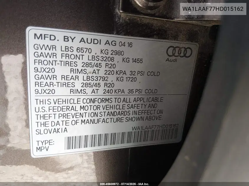 WA1LAAF77HD015162 2017 Audi Q7 3.0T Premium