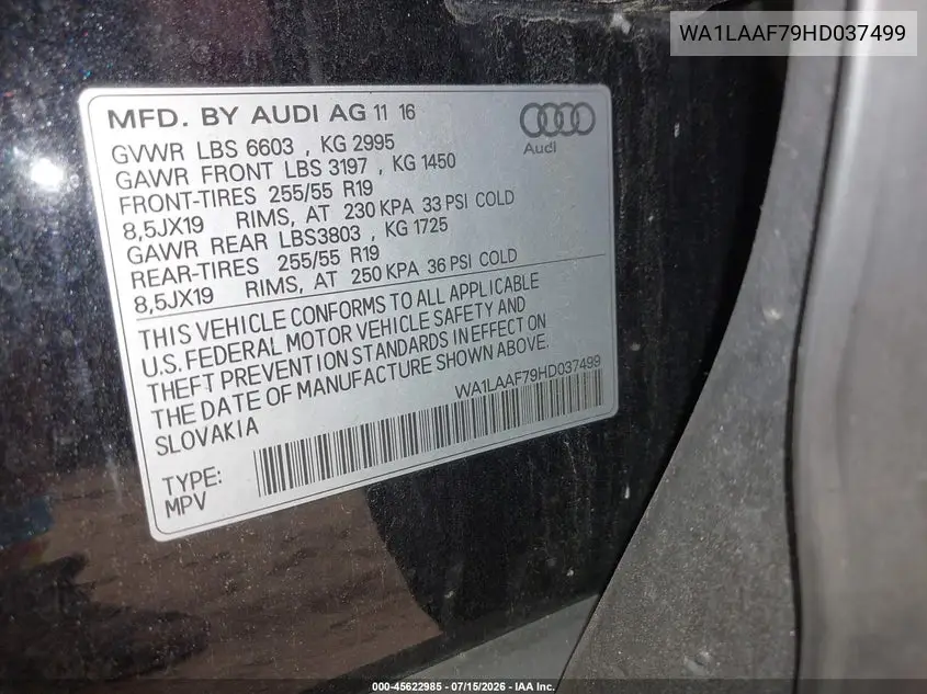 2017 Audi Q7 3.0T Premium VIN: WA1LAAF79HD037499 Lot: 45622985