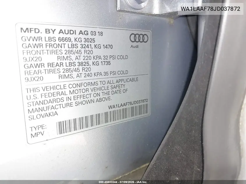 2018 Audi Q7 3.0T Premium VIN: WA1LAAF78JD037872 Lot: 45533344