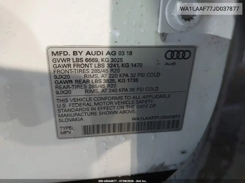 2018 Audi Q7 3.0T Premium VIN: WA1LAAF77JD037877 Lot: 45544877
