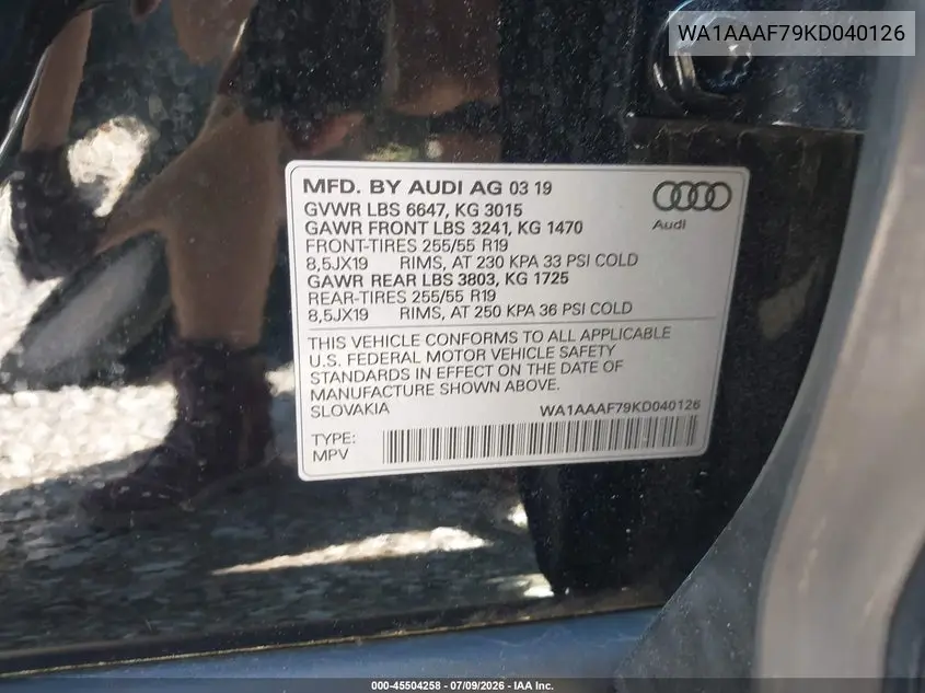 2019 Audi Q7 55 Premium/55 Se Premium VIN: WA1AAAF79KD040126 Lot: 45504258