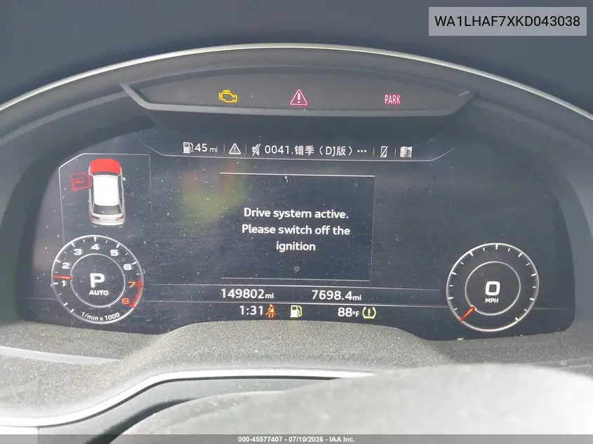 2019 Audi Q7 45 Premium VIN: WA1LHAF7XKD043038 Lot: 45577407