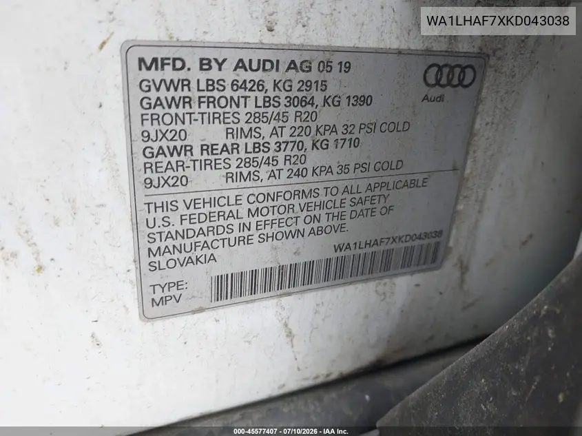 2019 Audi Q7 45 Premium VIN: WA1LHAF7XKD043038 Lot: 45577407
