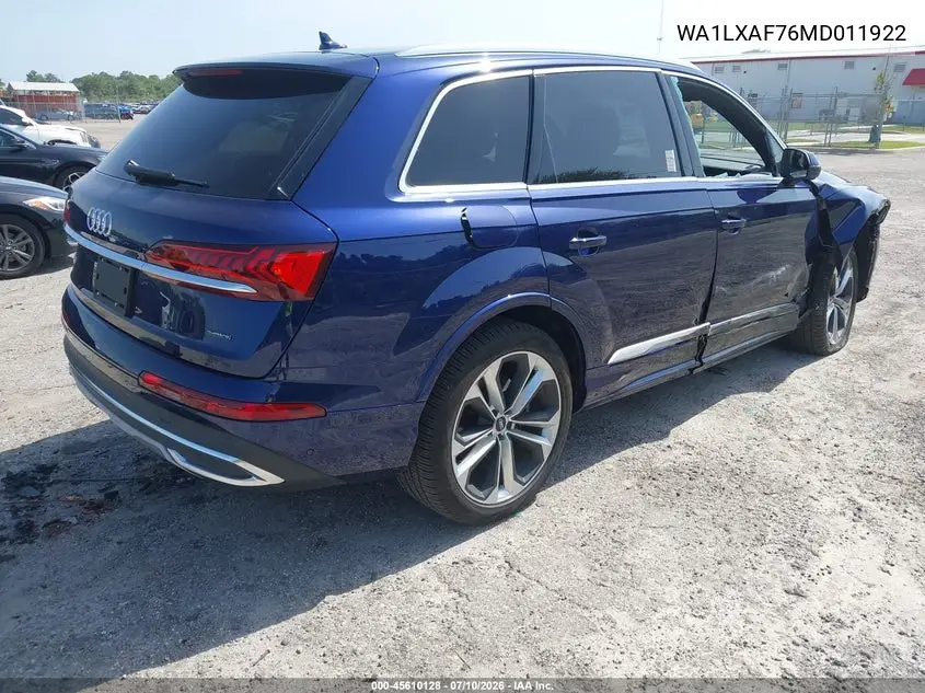 2021 Audi Q7 Premium Plus 55 Tfsi Quattro Tiptronic VIN: WA1LXAF76MD011922 Lot: 45610128