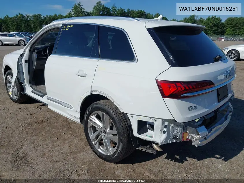 2022 Audi Q7 Premium Plus 55 Tfsi Quattro Tiptronic VIN: WA1LXBF70ND016251 Lot: 45443867