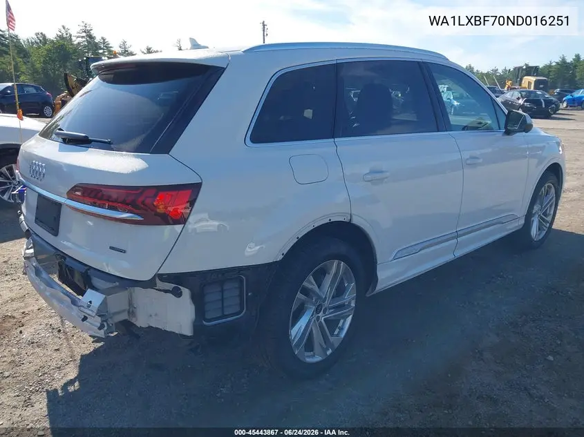 2022 Audi Q7 Premium Plus 55 Tfsi Quattro Tiptronic VIN: WA1LXBF70ND016251 Lot: 45443867