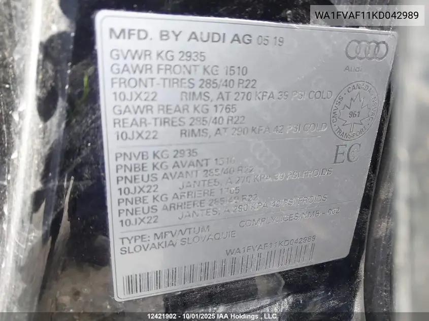 2019 Audi Q8 VIN: WA1FVAF11KD042989 Lot: 12421902