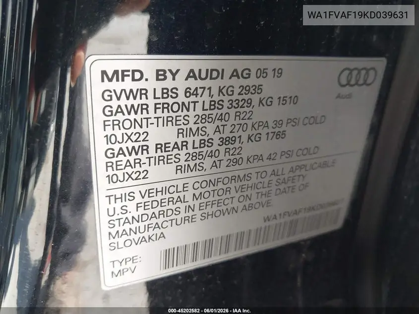 2019 Audi Q8 55 Premium VIN: WA1FVAF19KD039631 Lot: 45202582