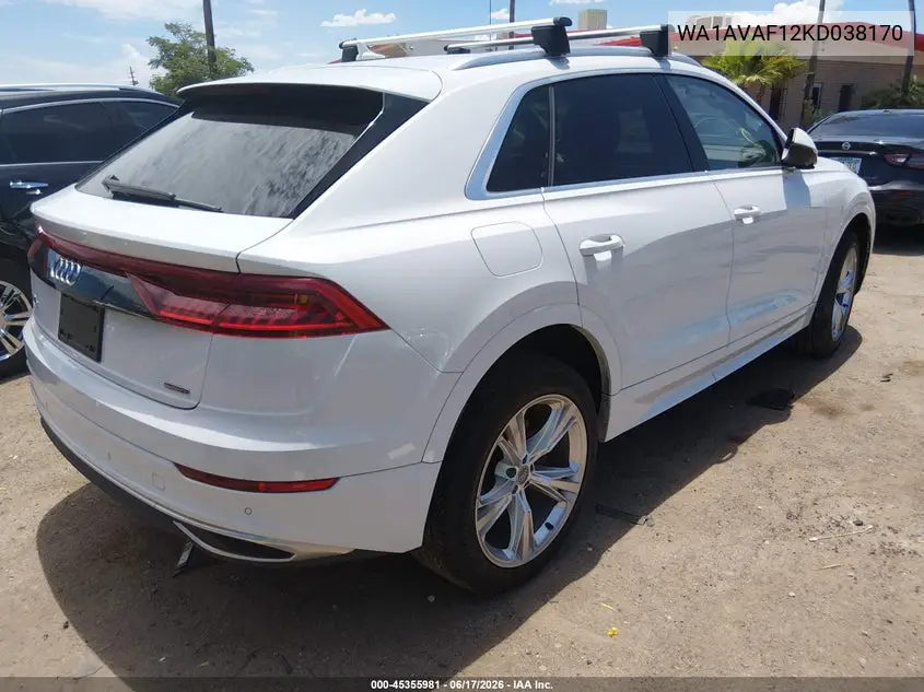 2019 Audi Q8 55 Premium VIN: WA1AVAF12KD038170 Lot: 45355981