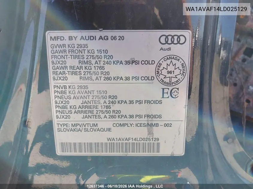 2020 Audi Q8 Premium VIN: WA1AVAF14LD025129 Lot: 12637346