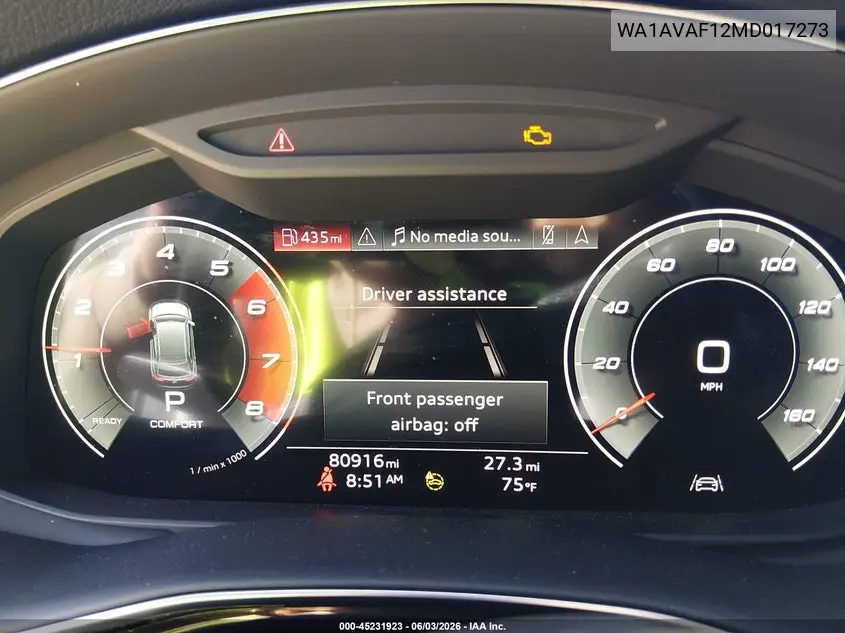 2021 Audi Q8 Premium 55 Tfsi Quattro Tiptronic VIN: WA1AVAF12MD017273 Lot: 45231923