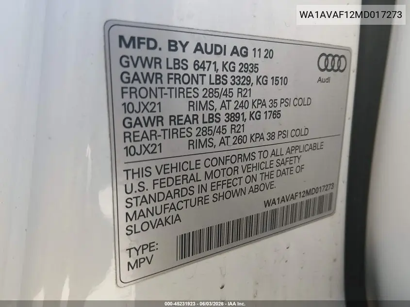 2021 Audi Q8 Premium 55 Tfsi Quattro Tiptronic VIN: WA1AVAF12MD017273 Lot: 45231923