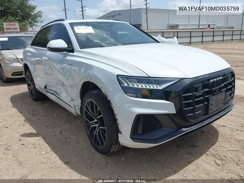 2021 Audi Q8 Prestige 55 Tfsi Quattro Tiptronic VIN: WA1FVAF10MD035759 Lot: 45553977