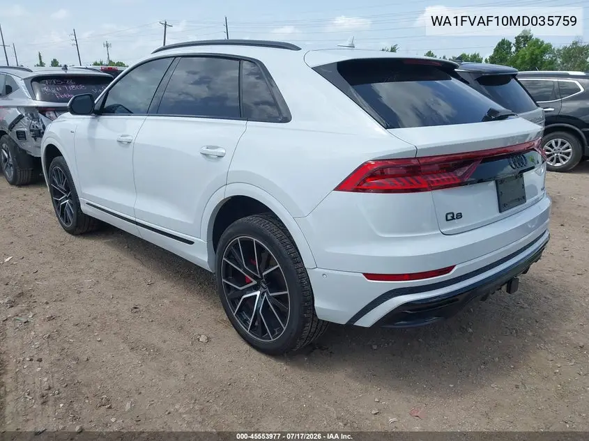 2021 Audi Q8 Prestige 55 Tfsi Quattro Tiptronic VIN: WA1FVAF10MD035759 Lot: 45553977