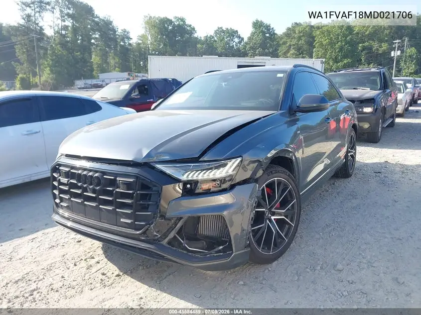 2021 Audi Q8 Prestige 55 Tfsi Quattro Tiptronic VIN: WA1FVAF18MD021706 Lot: 45584489