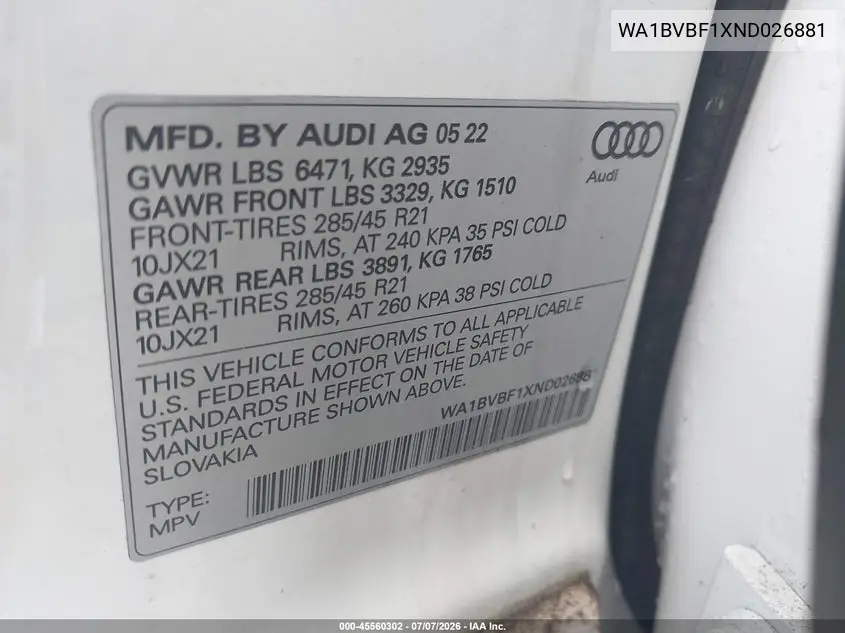 2022 Audi Q8 Premium Plus 55 Tfsi Quattro Tiptronic VIN: WA1BVBF1XND026881 Lot: 45560302