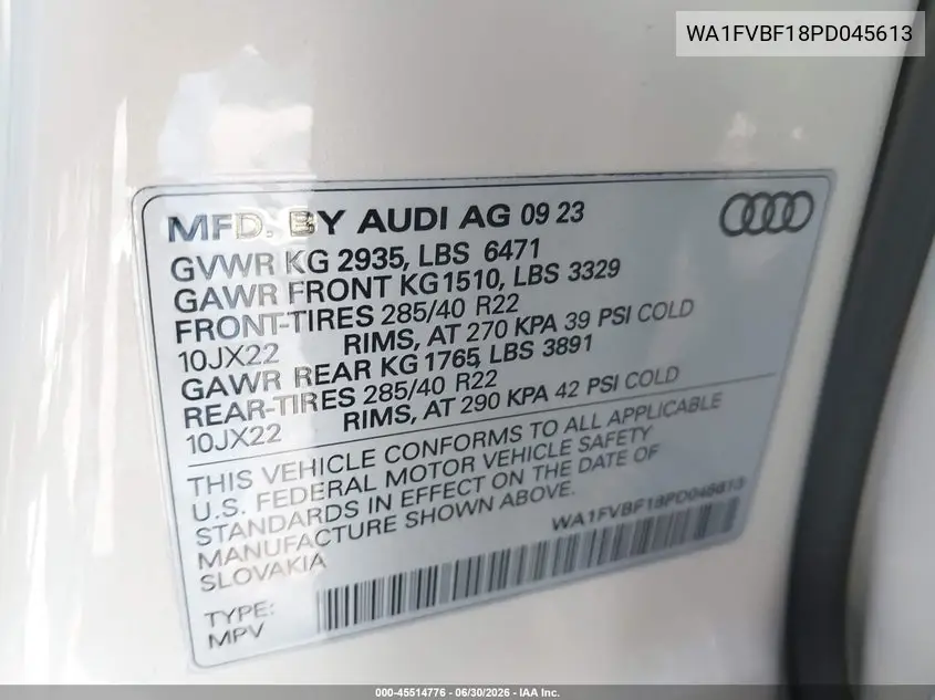 2023 Audi Q8 Prestige 55 Tfsi Quattro Tiptronic VIN: WA1FVBF18PD045613 Lot: 45514776