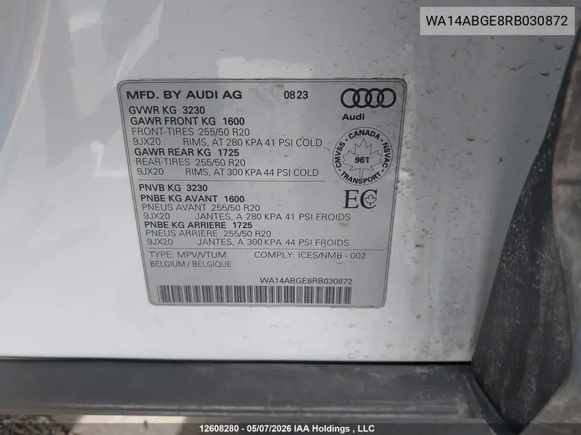 2024 Audi Q8 E-Tron VIN: WA14ABGE8RB030872 Lot: 12608280