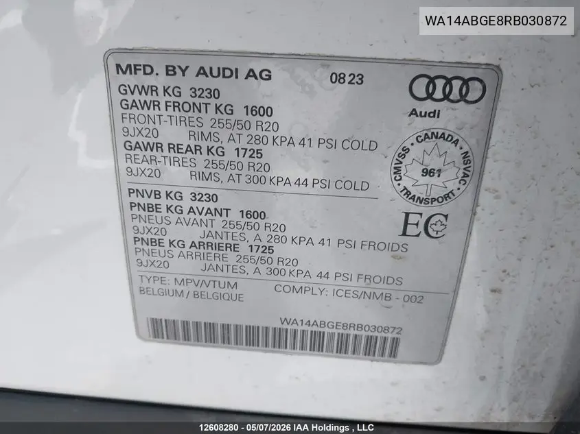 2024 Audi Q8 E-Tron VIN: WA14ABGE8RB030872 Lot: 12608280