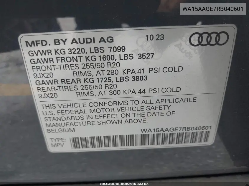 2024 Audi Q8 E-Tron Premium Plus Quattro VIN: WA15AAGE7RB040601 Lot: 45028818