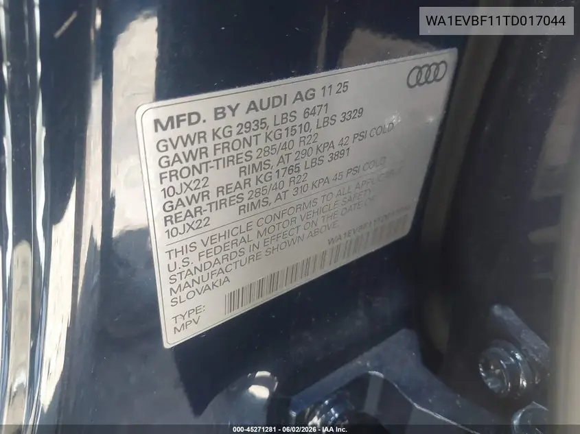 2026 Audi Q8 Premium Plus 55 Tfsi Quattro Tiptronic VIN: WA1EVBF11TD017044 Lot: 45271281