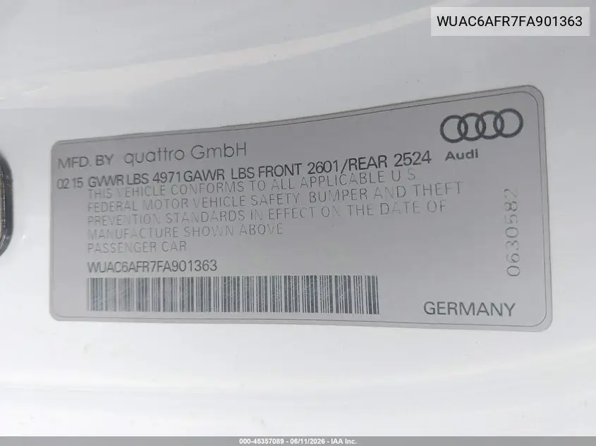 2015 Audi Rs 5 4.2 VIN: WUAC6AFR7FA901363 Lot: 45357089