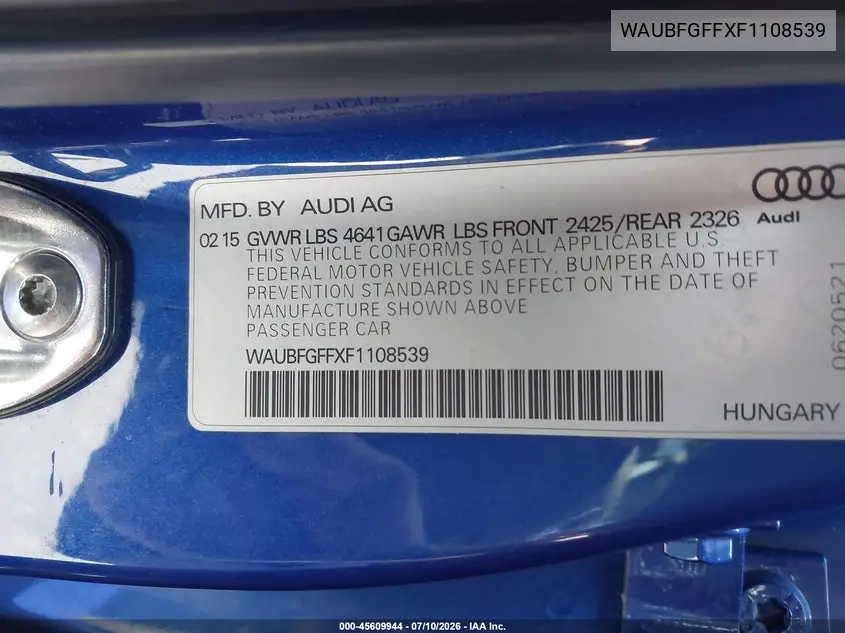 2015 Audi S3 2.0T Premium Plus VIN: WAUBFGFFXF1108539 Lot: 45609944