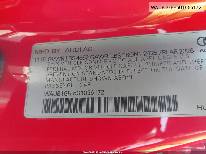 2016 Audi S3 Premium Plus VIN: WAUB1GFF5G1056172 Lot: 45642282