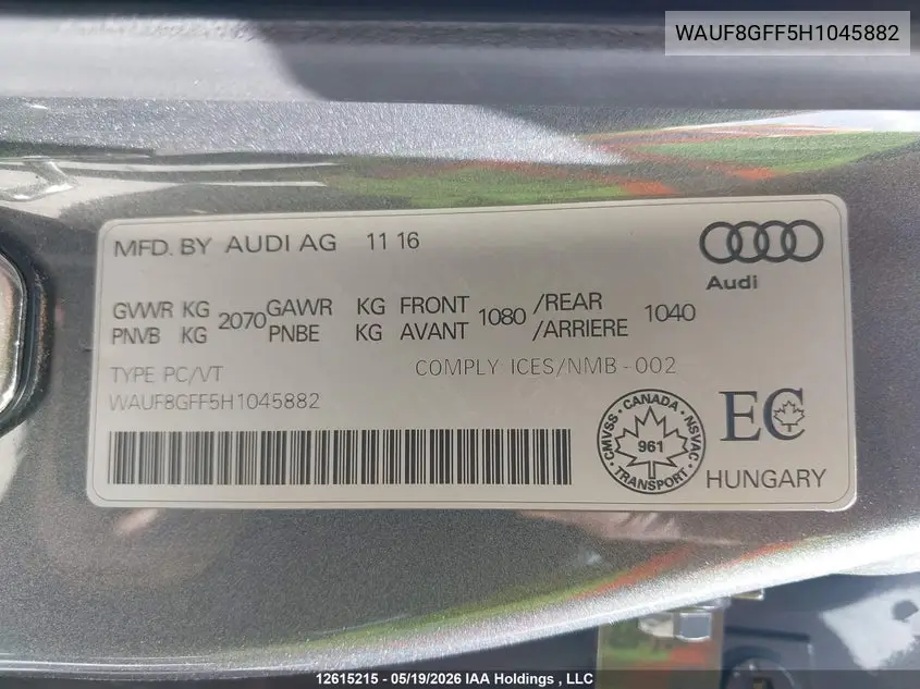 2017 Audi S3 Prestige VIN: WAUF8GFF5H1045882 Lot: 12615215