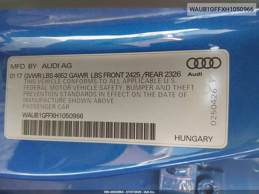 2017 Audi S3 Premium Plus VIN: WAUB1GFFXH1050966 Lot: 45552964