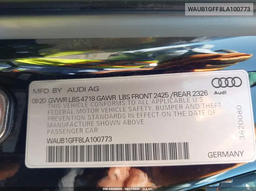 2020 Audi S3 Premium Tfsi Quattro S Tronic VIN: WAUB1GFF8LA100773 Lot: 45366808