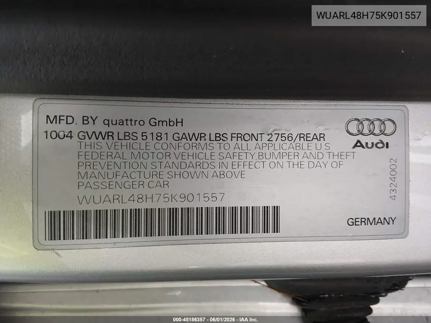 2005 Audi S4 VIN: WUARL48H75K901557 Lot: 45186357