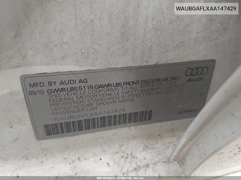 2010 Audi S4 3.0 Premium Plus VIN: WAUBGAFLXAA147429 Lot: 45542070