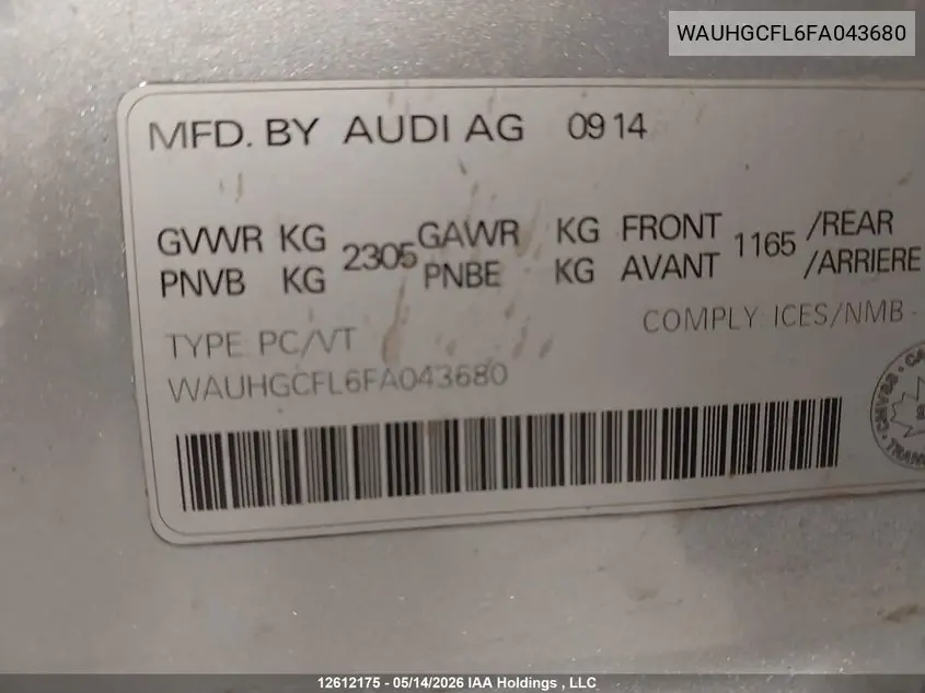 2015 Audi S4 3.0T Technik/3.0T Technik Plus VIN: WAUHGCFL6FA043680 Lot: 12612175