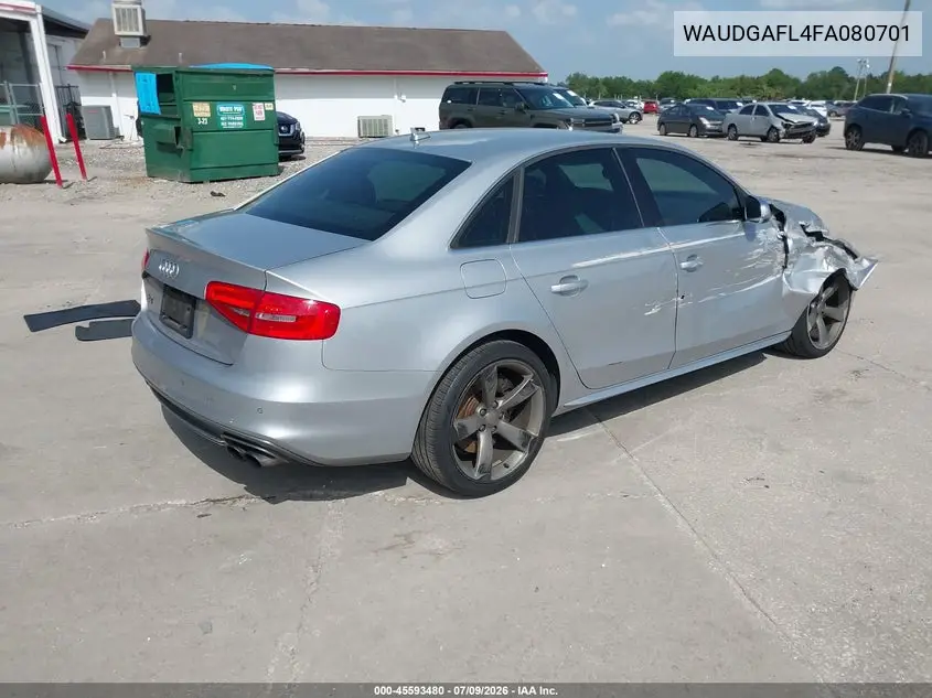 2015 Audi S4 3.0T Premium Plus VIN: WAUDGAFL4FA080701 Lot: 45593480