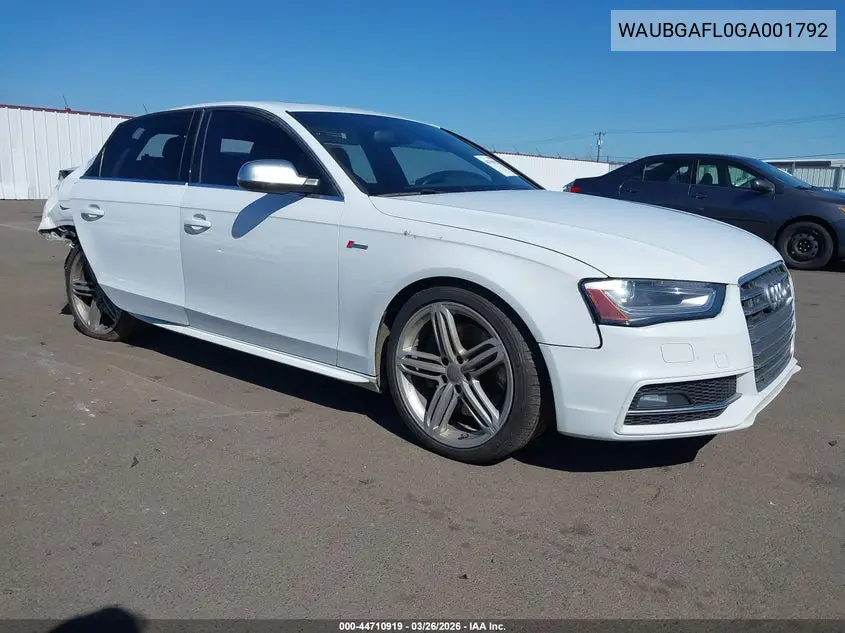 2016 Audi S4 3.0T Premium Plus VIN: WAUBGAFL0GA001792 Lot: 44710919