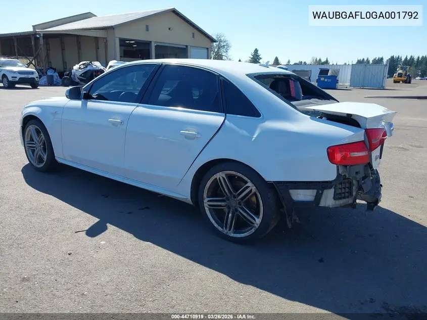 2016 Audi S4 3.0T Premium Plus VIN: WAUBGAFL0GA001792 Lot: 44710919