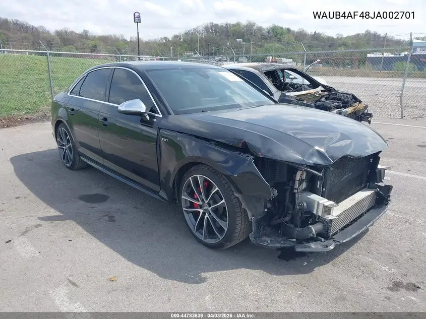 2018 Audi S4 3.0T Premium Plus VIN: WAUB4AF48JA002701 Lot: 44783639