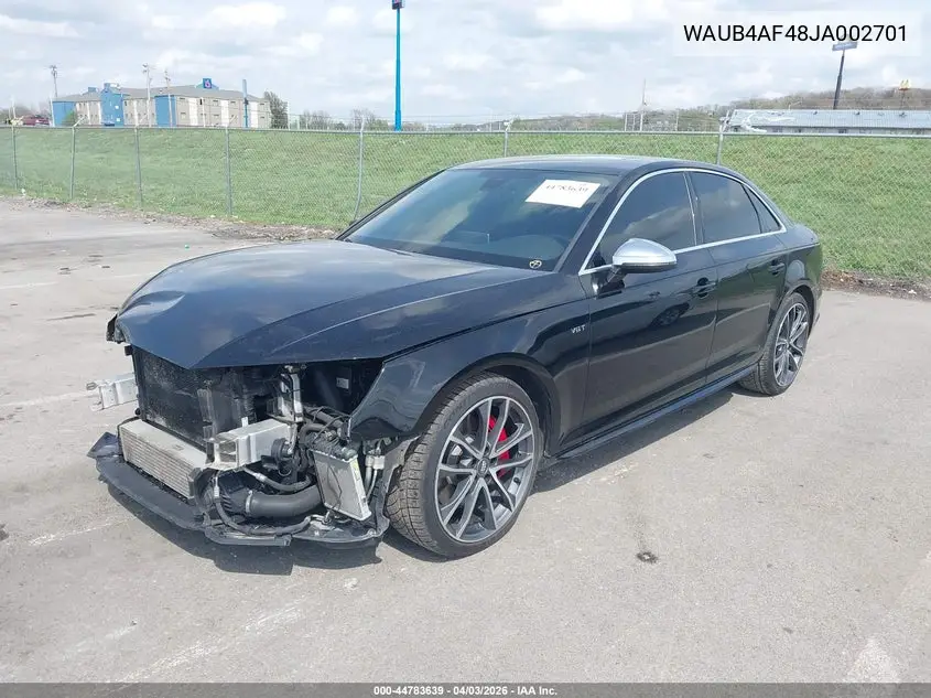 2018 Audi S4 3.0T Premium Plus VIN: WAUB4AF48JA002701 Lot: 44783639